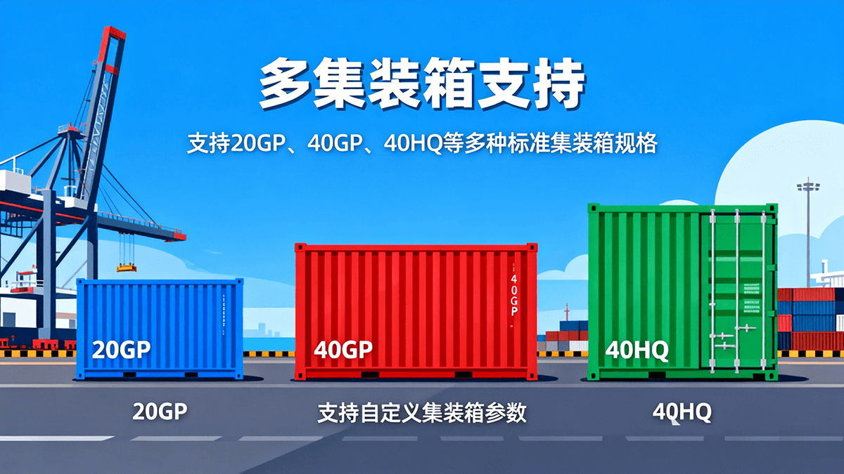 支持多种集装箱类型包括20GP、40GP、40HQ等